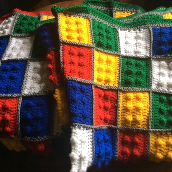 Set of 2 colorful crocheted Afghans 3 x 6 ft handmade Lego granny squares Twins - Picture 4 of 7